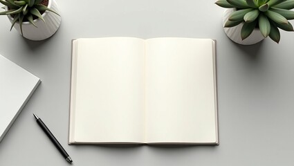 A serene workspace setup with an open notebook, pen, and plants on a gray desk, evoking a sense of calmness and creativity.