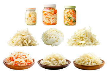 Mixed jars of fermented cabbage, shredded sauerkraut piles, and bowls isolated on white background. Concept of healthy preserved vegetables