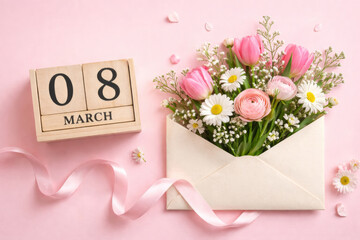 Spring flowers in envelope with March 8 wooden calendar on pink background, flat lay greeting card for Women's Day.