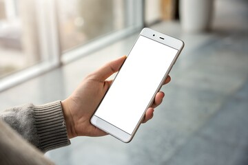 Person holding a modern white smartphone with a blank screen ready for custom content display or app demonstration in a bright indoor setting