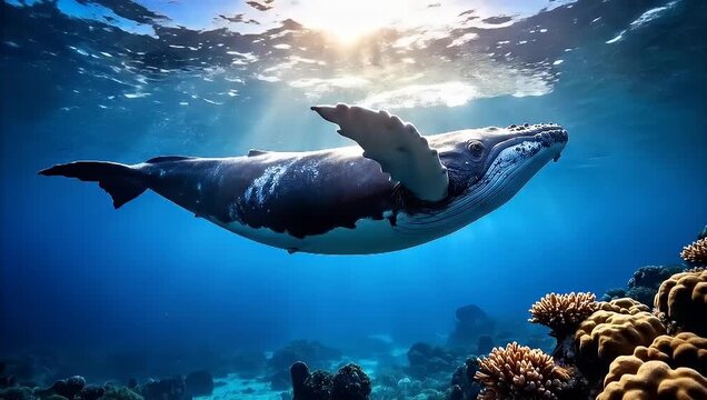 Majestic Humpback Whale Swimming Gracefully in the Deep Blue Ocean Waters.