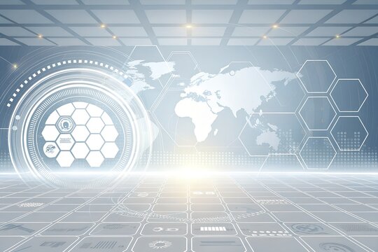 Futuristic digital technology interface backdrop featuring a holographic world map overlay and glowing circular data display over an illuminated grid floor - Powered by Adobe