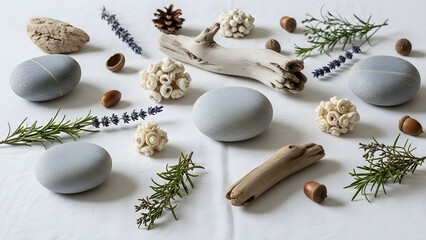 Minimalist flatlay of smooth grey stones, driftwood, herbs, cones, and nuts arranged on white fabric, forming a balanced, nature-inspired composition that blends Scandinavian calm with organic texture