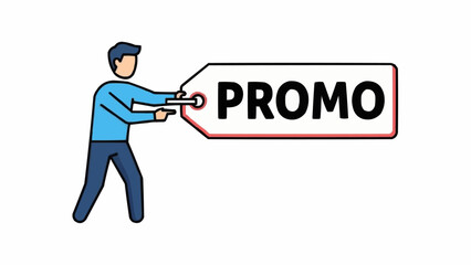 Man holding a large promotional tag with the word promo.