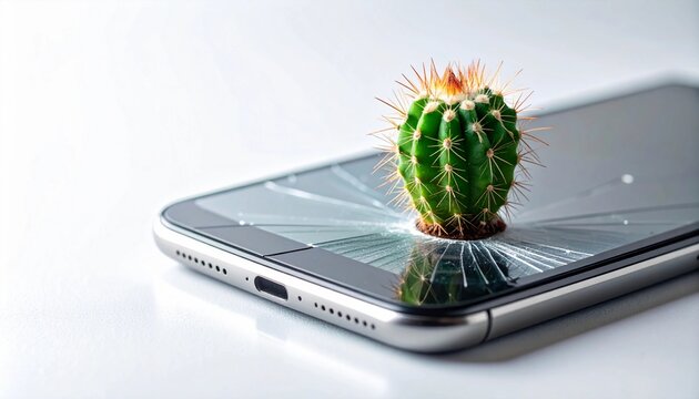 Green Spiky Plant Growing Out of Cracked Smartphone Screen Represents Digital Detox, Nature Reclaiming Technology, and a Break from Constant Connectivity