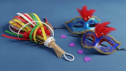 Carnival Masks and Shaker on Blue Background, Party Celebration