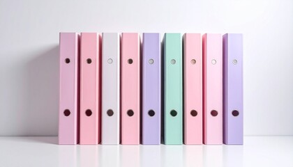 Beautiful pastel pink purple and mint green vertical file folders neatly arranged for storage of corporate documents and school reports space to text. copy text.