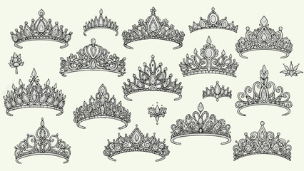 Collection of ornate vintage tiaras and crowns with intricate details. © Tama
