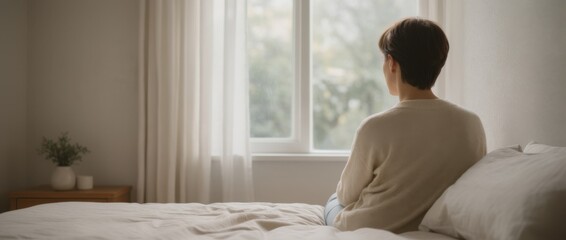 symbolic mental health scene of person sitting by window, calm reflective mood, minimal interior, natural light. copy space for text 