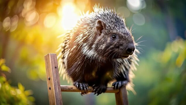 A charming porcupine climbing a wooden ladder in a vibrant outdoor setting.
