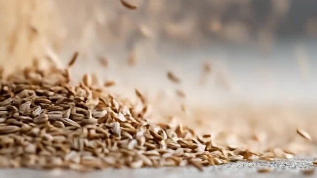 Cumin seed pile with brown spice falling slowly on textured surface in soft natural light close up showing warm texture and natural calm atmosphere