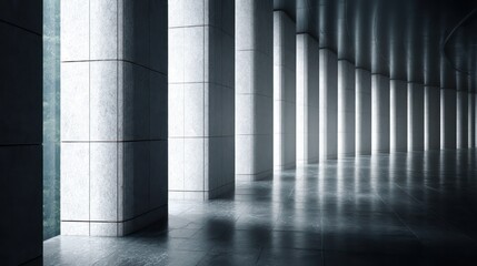 Corporate corridor lined with vertical stone columns illuminated by side-light brilliance enhances metallic edges shadows align rhythmically across