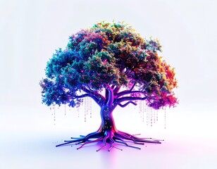 A vibrant, colorful tree with a glowing trunk and cascading lights
