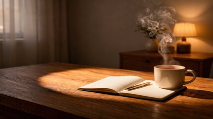cozy self care moment with coffee and open notebook. copy space for text