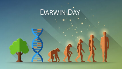 Evolutionary biology concept with human evolution from ape to man and dna double helix structure on gradient background for darwin day with genetics