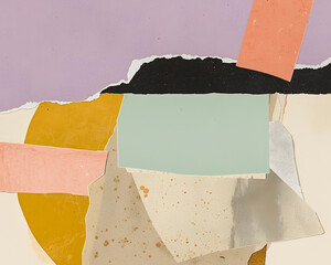 Abstract mixed-media collage composed of torn paper fragments layered in an expressive composition