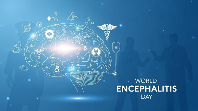 World encephalitis day awareness campaign with brain illustration and medical symbols on blue background with health and neurology and medicine - Powered by Adobe