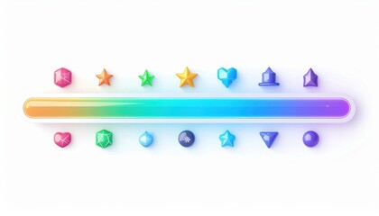 Rainbow progress bar with colorful geometric icons, loading concept, digital interface elements