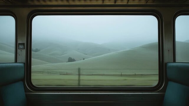 Fog shrouded hills rolling past train window reveal serene calm countryside with green landscape and misty rural scenery under soft light