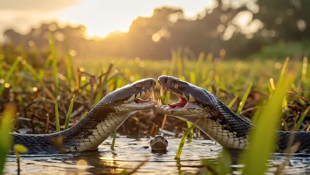 Two massive anacondas engage in a fierce battle in the swamp water during sunset.