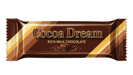 A single bar of 'Cocoa Dream' rich milk chocolate, wrapped in a glossy brown foil with diagonal stripes of brown, gold, and cream.