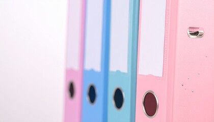 Close up view of four pastel colored office document binders organized vertically in a row for business storage and administration space to text. copy text.