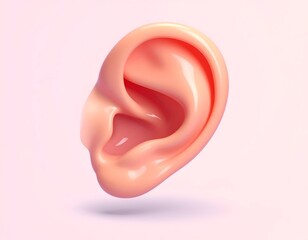Glossy, pink, 3D render of a human ear, presented on a subtle gradient