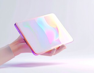 Rendered hand holding a holographic tablet with a vibrant, pastel screen