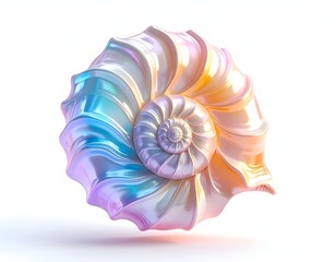 Iridescent, spiral shell with a pearlescent sheen against a white backdrop
