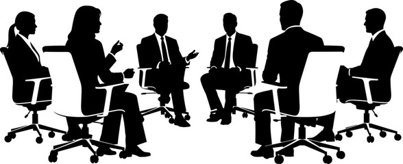 Black and white silhouette of professional business people sitting in a circle during a corporate meeting or seminar discussion