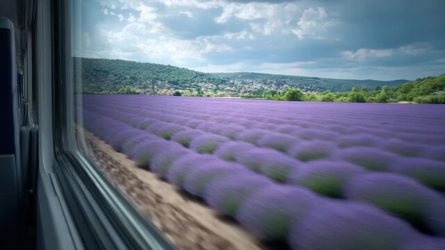 Lavender field from moving train window with hills and cloudy sky countryside, purple flowers, rural landscape, scenic travel nature motion blur view
