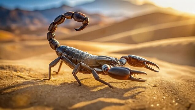 A detailed view of a scorpion in the desert sand with a beautiful background.