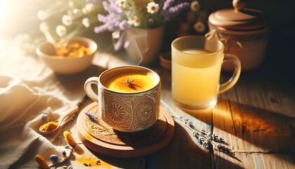 Fototapeta premium Warm herbal tea in a decorative ceramic mug with flowers and soft sunlight