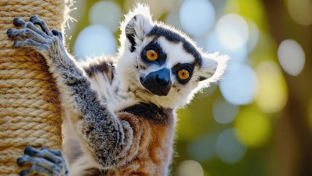 Ring-tailed lemur clinging to a tree trunk in a sunny environment.