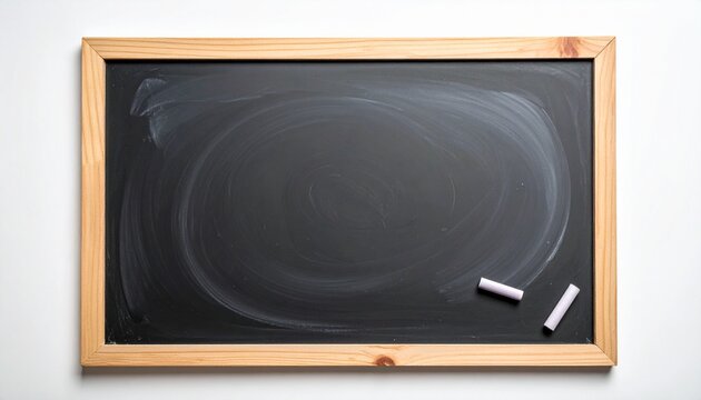 Empty chalkboard with wooden frame and leftover chalk dust traces on a white wall background space for text presentation or education template backdrop space to text. copy text. - Powered by Adobe