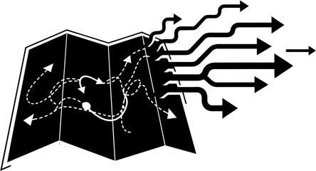 Abstract black and white graphic illustration of a folded map with numerous white dotted paths and arrows representing complex routes and multiple diverging outgoing