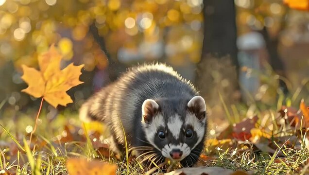 A playful ferret exploring the autumn forest with colorful leaves and sunlight.
