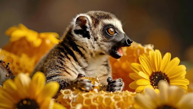 Adorable Ring-tailed Lemur Enjoying Honeycomb and Yellow Flowers in Nature.