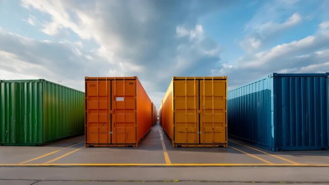 Colorful shipping containers aligned in a row on an industrial dock