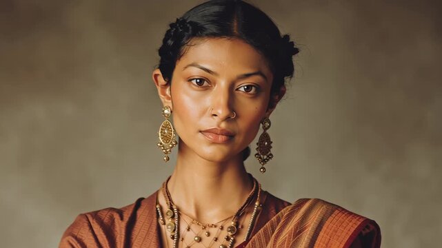 Indian woman portrait representing culture and identity, timeless expression, simple traditional elements, modern minimal styling, soft tonal background, high-end commercial photography look