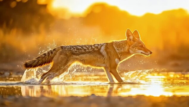 A beautiful golden hour shot of a jackal running through water in nature.