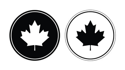 Two circular emblems featuring maple leaves in contrasting color schemes silhouette