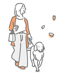 犬を散歩させる若い女性　シンプルでお洒落な線画イラスト