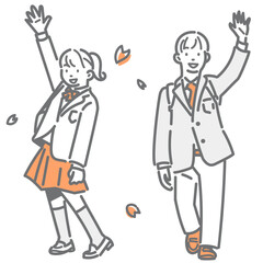 笑顔で手を振る高校生　シンプルでお洒落な線画イラスト