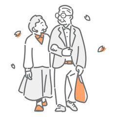 春のお散歩を楽しむシニア夫婦  シンプルでお洒落な線画イラスト