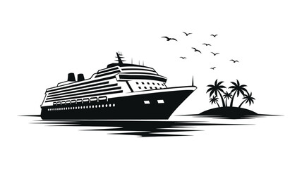 A cruise ship sailing towards a tropical island a striking silhouette