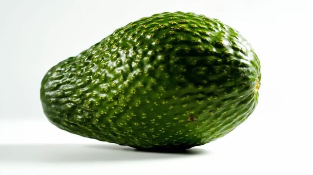 A single, textured green avocado rests on a clean white surface, showcasing its fresh, natural appeal.