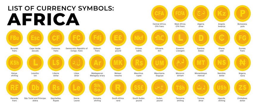 African countries currency symbols icons set. South African Rand, Egyptian pound, Nigerian naira, Kenyan shilling , Ghanaian cedi, Moroccan dirham, Tunisian dinar, Ugandan shilling, Gold coins vector