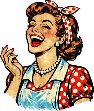 1950年代風アメリカンコミックのレトロな主婦のイラスト 爆笑する女性 ポップアート