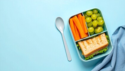Top down flat lay of a fresh healthy lunch box filled with sandwich carrot sticks and sweet green grapes on a vibrant light blue background with copy space space to text. copy text.